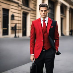 A sophisticated man dressed in a three-piece suit featuring a vibrant red coat and tie coupled with a black pant and shirt.