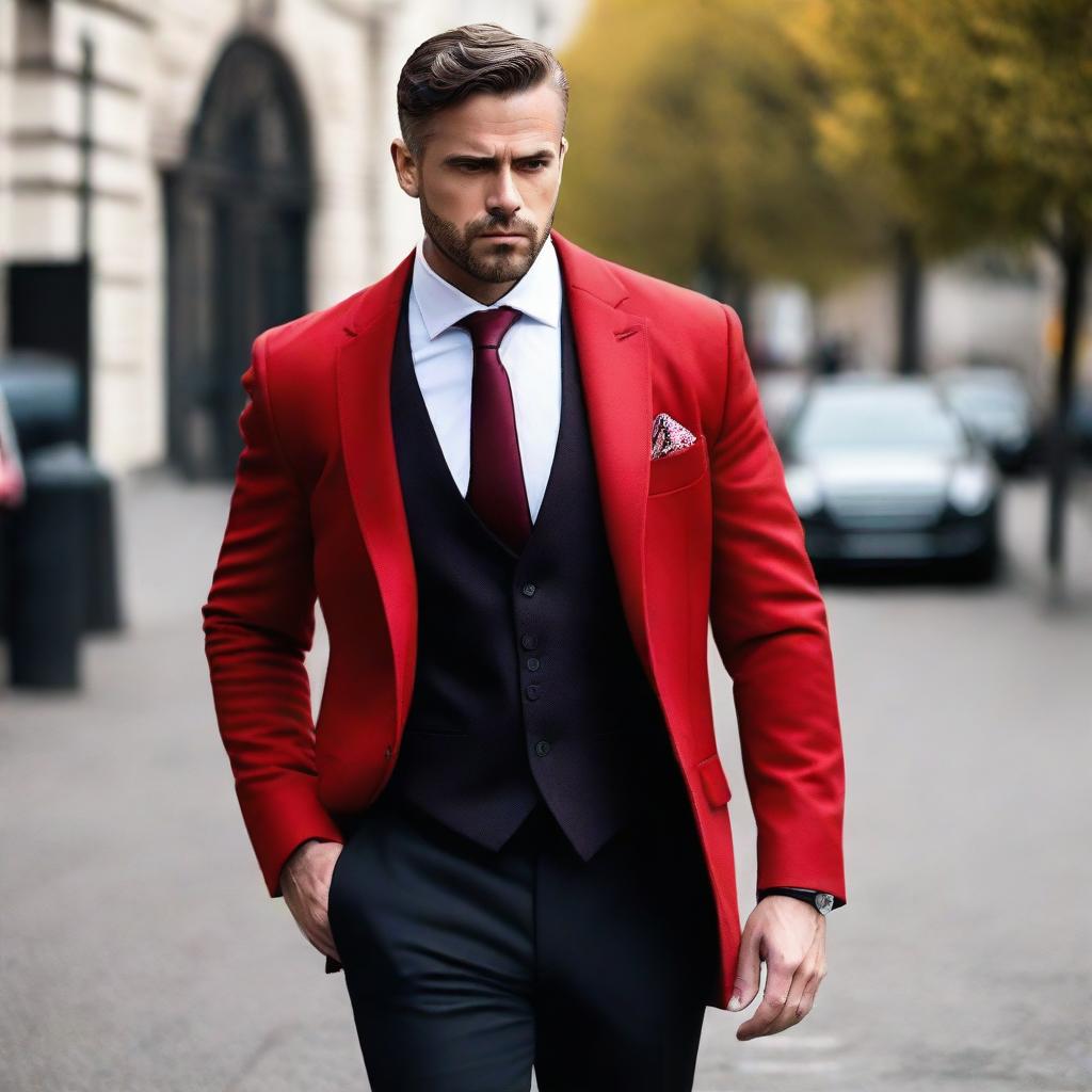 A sophisticated man dressed in a three-piece suit featuring a vibrant red coat and tie coupled with a black pant and shirt.