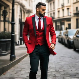 A sophisticated man dressed in a three-piece suit featuring a vibrant red coat and tie coupled with a black pant and shirt.