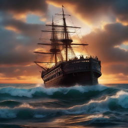 A Victorian era ship tilted at 90 degrees, with one third of it underwater, featuring a ripped hole and sinking like the Titanic. All set under a vibrant, otherworldly sunset at the horizon's edge amidst tumultuous ocean waves.