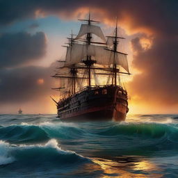 A Victorian era ship tilted at 90 degrees, with one third of it underwater, featuring a ripped hole and sinking like the Titanic. All set under a vibrant, otherworldly sunset at the horizon's edge amidst tumultuous ocean waves.