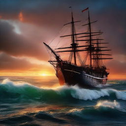 A Victorian era ship tilted at 90 degrees, with one third of it underwater, featuring a ripped hole and sinking like the Titanic. All set under a vibrant, otherworldly sunset at the horizon's edge amidst tumultuous ocean waves.