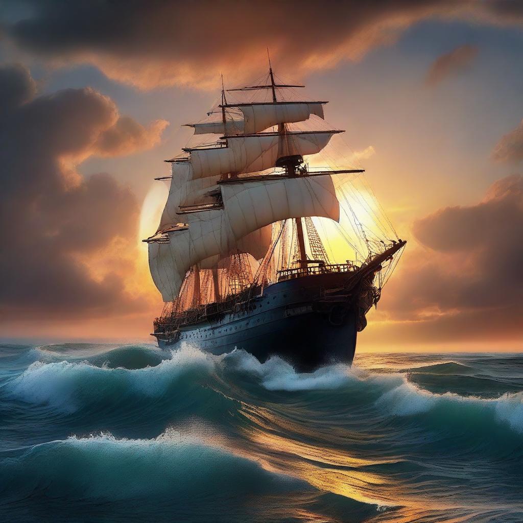 A Victorian era ship tilted at 90 degrees, with one third of it underwater, featuring a ripped hole and sinking like the Titanic. All set under a vibrant, otherworldly sunset at the horizon's edge amidst tumultuous ocean waves.