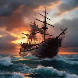 Side view of a Victorian era ship tilted at 90 degrees, with one third of it underwater, showcasing a distinctive ripped hole as it sinks like the Titanic, beneath a vibrant, otherworldly sunset at the horizon's edge amidst tumultuous ocean waves.
