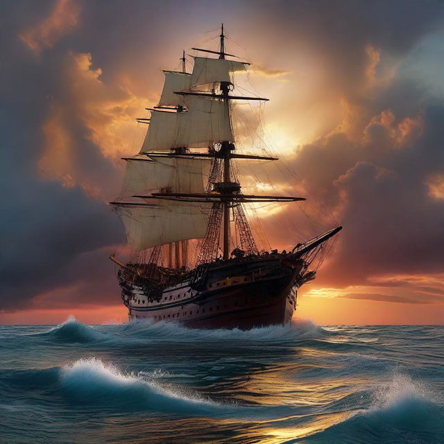 Side view of a Victorian era ship tilted at 90 degrees, with one third of it underwater, showcasing a distinctive ripped hole as it sinks like the Titanic, beneath a vibrant, otherworldly sunset at the horizon's edge amidst tumultuous ocean waves.