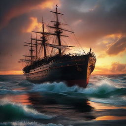 Side view of a Victorian era ship tilted at 90 degrees, with one third of it underwater, showcasing a distinctive ripped hole as it sinks like the Titanic, beneath a vibrant, otherworldly sunset at the horizon's edge amidst tumultuous ocean waves.