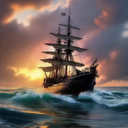 Side view of a Victorian era ship tilted at 90 degrees, with one third of it underwater, showcasing a distinctive ripped hole as it sinks like the Titanic, beneath a vibrant, otherworldly sunset at the horizon's edge amidst tumultuous ocean waves.