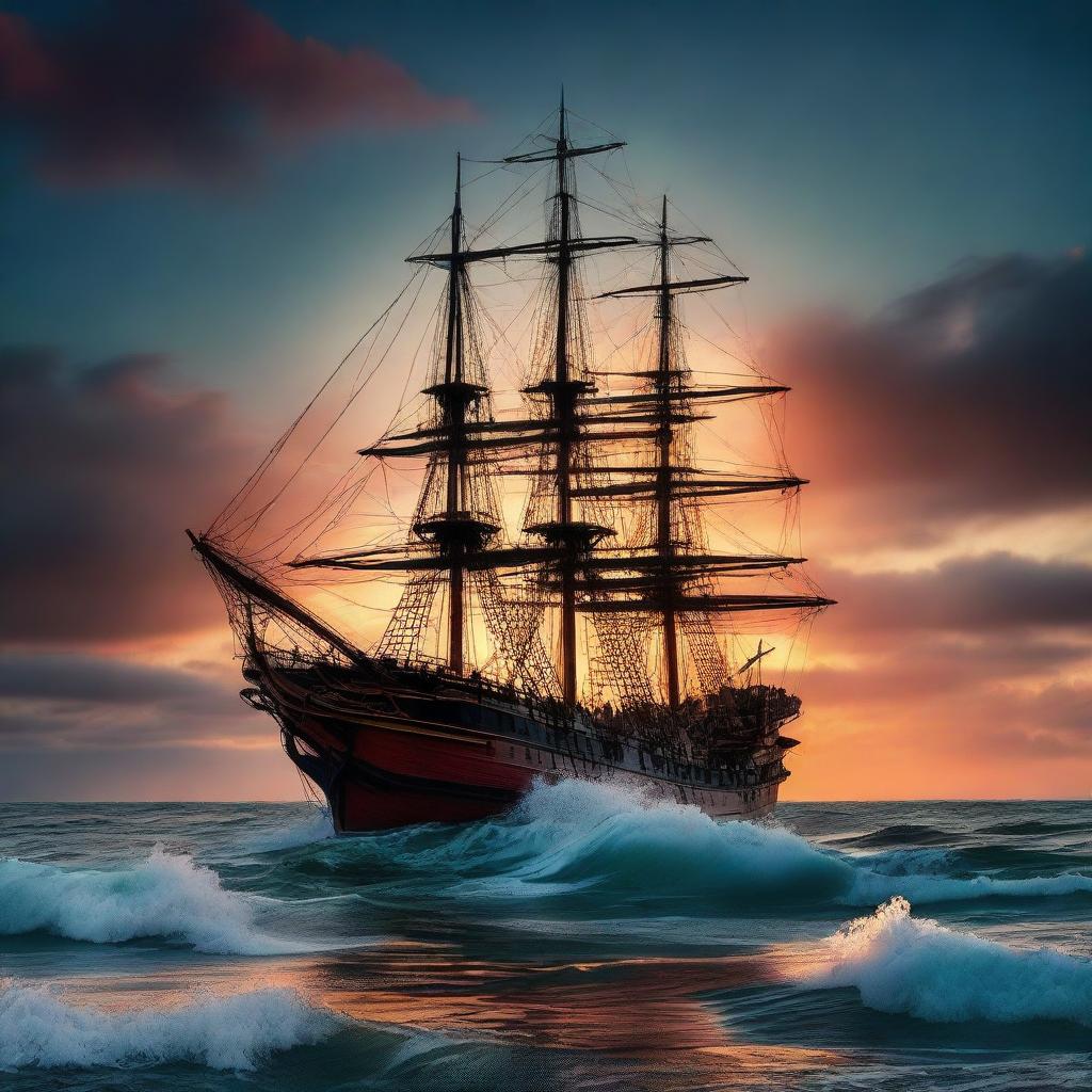 An almost entirely sunk Victorian era ship, tilted at 90 degrees, showing signs of evacuation. The ship, visible from the side, is under the vibrant colors of an otherworldly sunset at the horizon amidst tumultuous ocean waves.