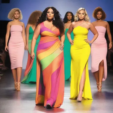 The fashion show featured models wearing colorful and voluptuous dresses, showcasing the latest trends.