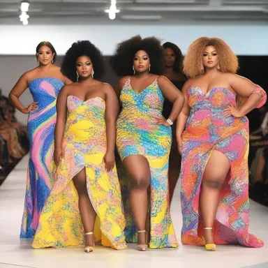 The fashion show featured models wearing colorful and voluptuous dresses, showcasing the latest trends.