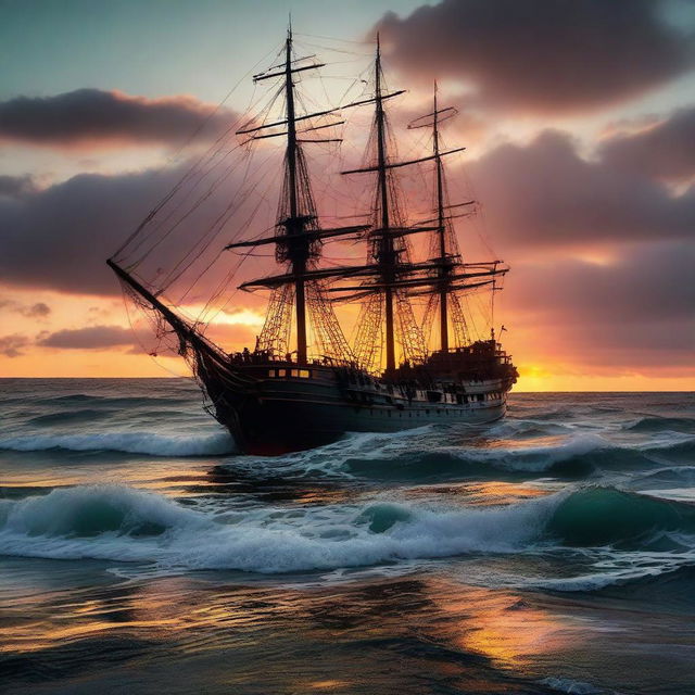 An almost entirely sunk Victorian era ship, tilted at 90 degrees, showing signs of evacuation. The ship, visible from the side, is under the vibrant colors of an otherworldly sunset at the horizon amidst tumultuous ocean waves.