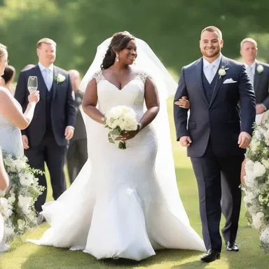 As she walked down the aisle, the bride's voluptuous figure was highlighted by her stunning wedding gown.