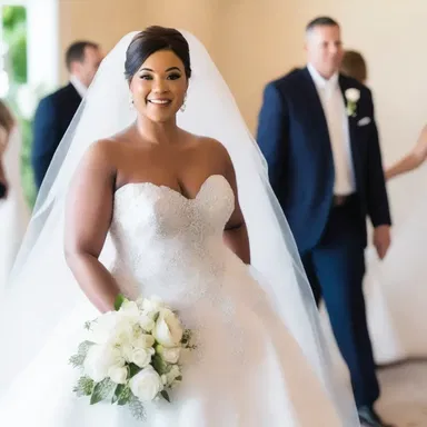 As she walked down the aisle, the bride's voluptuous figure was highlighted by her stunning wedding gown.