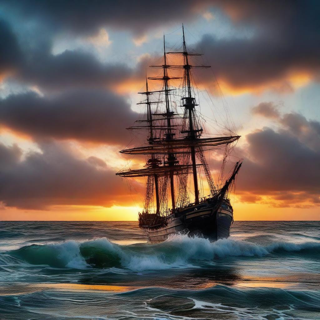 Side view of a Victorian era ship tilted at 90 degrees, with half of it submerged underwater, under a vibrant, otherworldly sunset at the horizon's edge amidst tumultuous ocean waves.