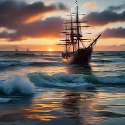 Side view of a Victorian era ship tilted at 90 degrees, with half of it submerged underwater, under a vibrant, otherworldly sunset at the horizon's edge amidst tumultuous ocean waves.