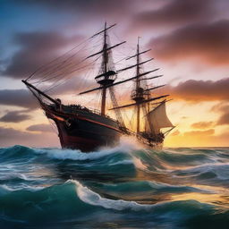 Side view of a Victorian era ship tilted at 90 degrees, with half of it submerged underwater, under a vibrant, otherworldly sunset at the horizon's edge amidst tumultuous ocean waves.