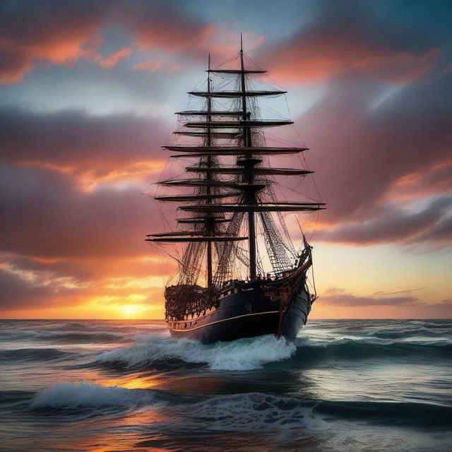 Side view of a Victorian era ship tilted at 90 degrees, with half of it submerged underwater, under a vibrant, otherworldly sunset at the horizon's edge amidst tumultuous ocean waves.