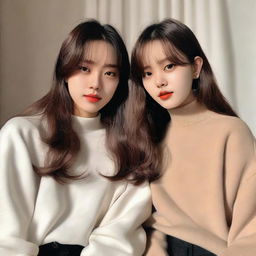 Enhypen's Jungwon pictured with a girl. She has medium brown, wavy hair with curtain bangs, a rounded face with medium-sized brown eyes and lips, the bottom one slightly plumper. She has an average body type, donning black oversized straight pants and a white turtleneck top.