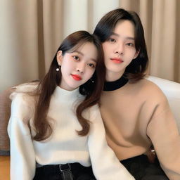 Enhypen's Jungwon pictured with a girl. She has medium brown, wavy hair with curtain bangs, a rounded face with medium-sized brown eyes and lips, the bottom one slightly plumper. She has an average body type, donning black oversized straight pants and a white turtleneck top.