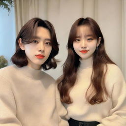 Enhypen's Jungwon pictured with a girl. She has medium brown, wavy hair with curtain bangs, a rounded face with medium-sized brown eyes and lips, the bottom one slightly plumper. She has an average body type, donning black oversized straight pants and a white turtleneck top.