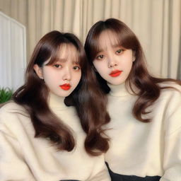 Enhypen's Jungwon pictured with a girl. She has medium brown, wavy hair with curtain bangs, a rounded face with medium-sized brown eyes and lips, the bottom one slightly plumper. She has an average body type, donning black oversized straight pants and a white turtleneck top.