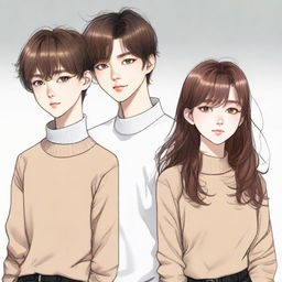 A handsome Korean boy accompanied by a girl with medium brown, wavy hair with curtain bangs. She has a rounded face, medium-sized brown eyes, and lips with the bottom one slightly plumper. She's neither skinny nor chubby and is attired in black oversized straight pants and a white turtleneck top.