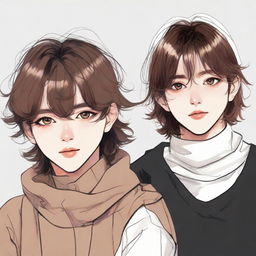 A handsome Korean boy accompanied by a girl with medium brown, wavy hair with curtain bangs. She has a rounded face, medium-sized brown eyes, and lips with the bottom one slightly plumper. She's neither skinny nor chubby and is attired in black oversized straight pants and a white turtleneck top.