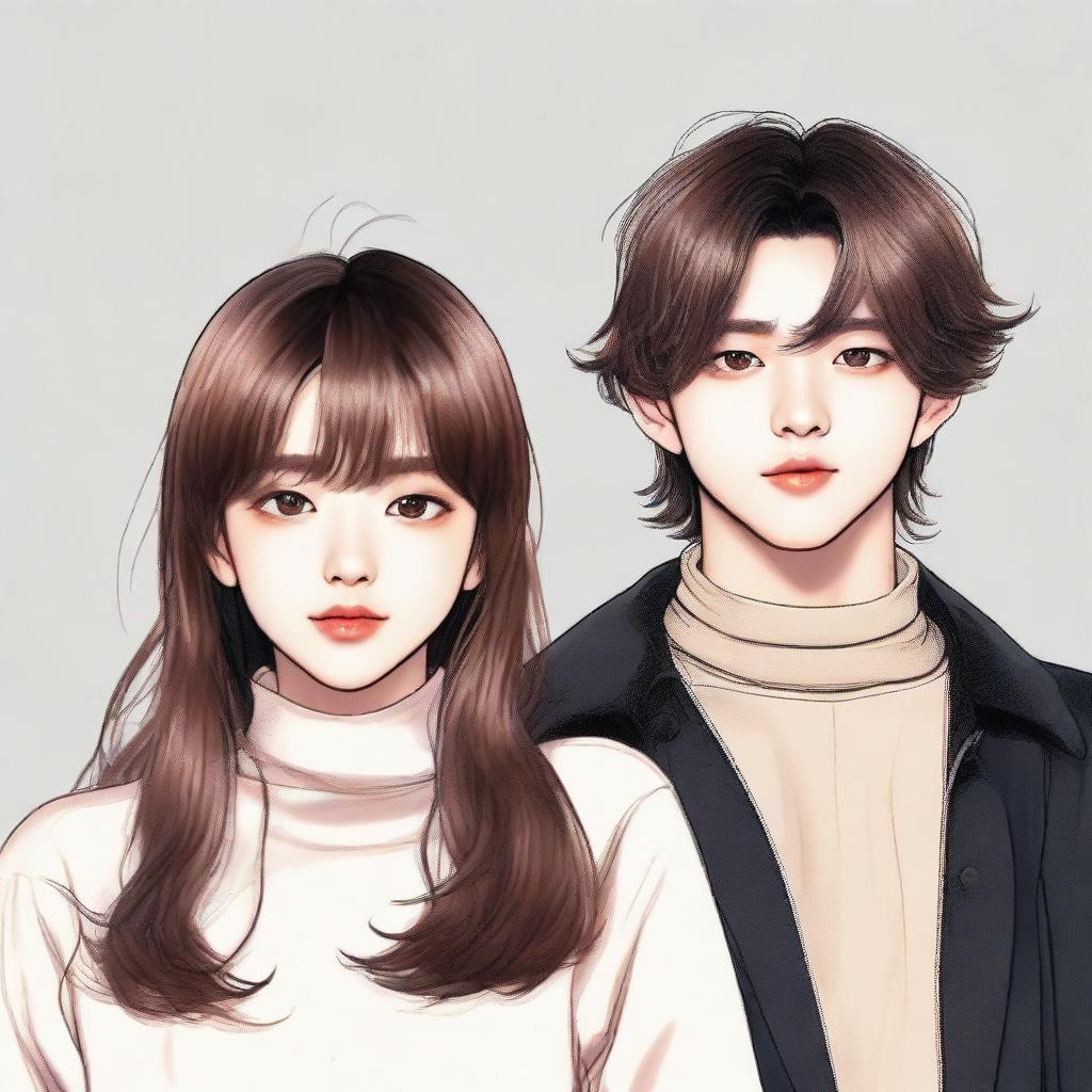 A handsome Korean boy accompanied by a girl with medium brown, wavy hair with curtain bangs. She has a rounded face, medium-sized brown eyes, and lips with the bottom one slightly plumper. She's neither skinny nor chubby and is attired in black oversized straight pants and a white turtleneck top.