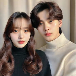 A handsome Korean boy accompanied by a girl with medium brown, wavy hair with curtain bangs. She has a rounded face, medium-sized brown eyes, and lips with the bottom one slightly plumper. She's neither skinny nor chubby and is attired in black oversized straight pants and a white turtleneck top.