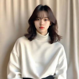 A handsome Korean boy with a non-Korean girl. She has medium brown, wavy hair with curtain bangs, a rounded face with medium-sized brown eyes and lips, the bottom lip being slightly plumper. She's dressed in black oversized straight pants and a white turtleneck top.