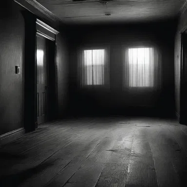 The eerie ambience created by the dim lighting and creaking floorboards is associable with a classic horror movie scene.