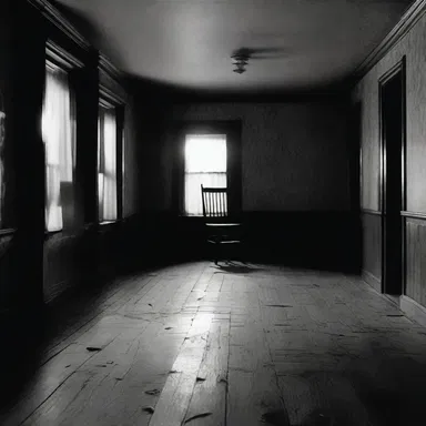 The eerie ambience created by the dim lighting and creaking floorboards is associable with a classic horror movie scene.