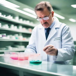 A scientist in a lab coat, in a well equipped laboratory, carefully holding a petri dish that contains vibrant crystal-like structures symbolizing penicillin.