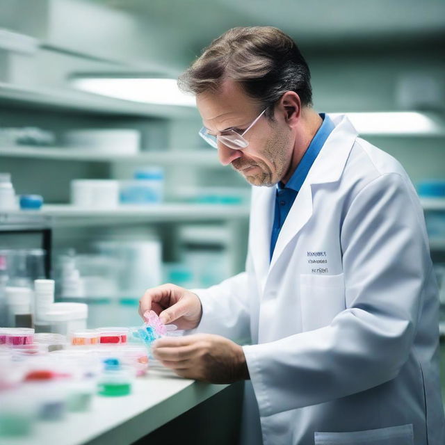 A scientist in a lab coat, in a well equipped laboratory, carefully holding a petri dish that contains vibrant crystal-like structures symbolizing penicillin.