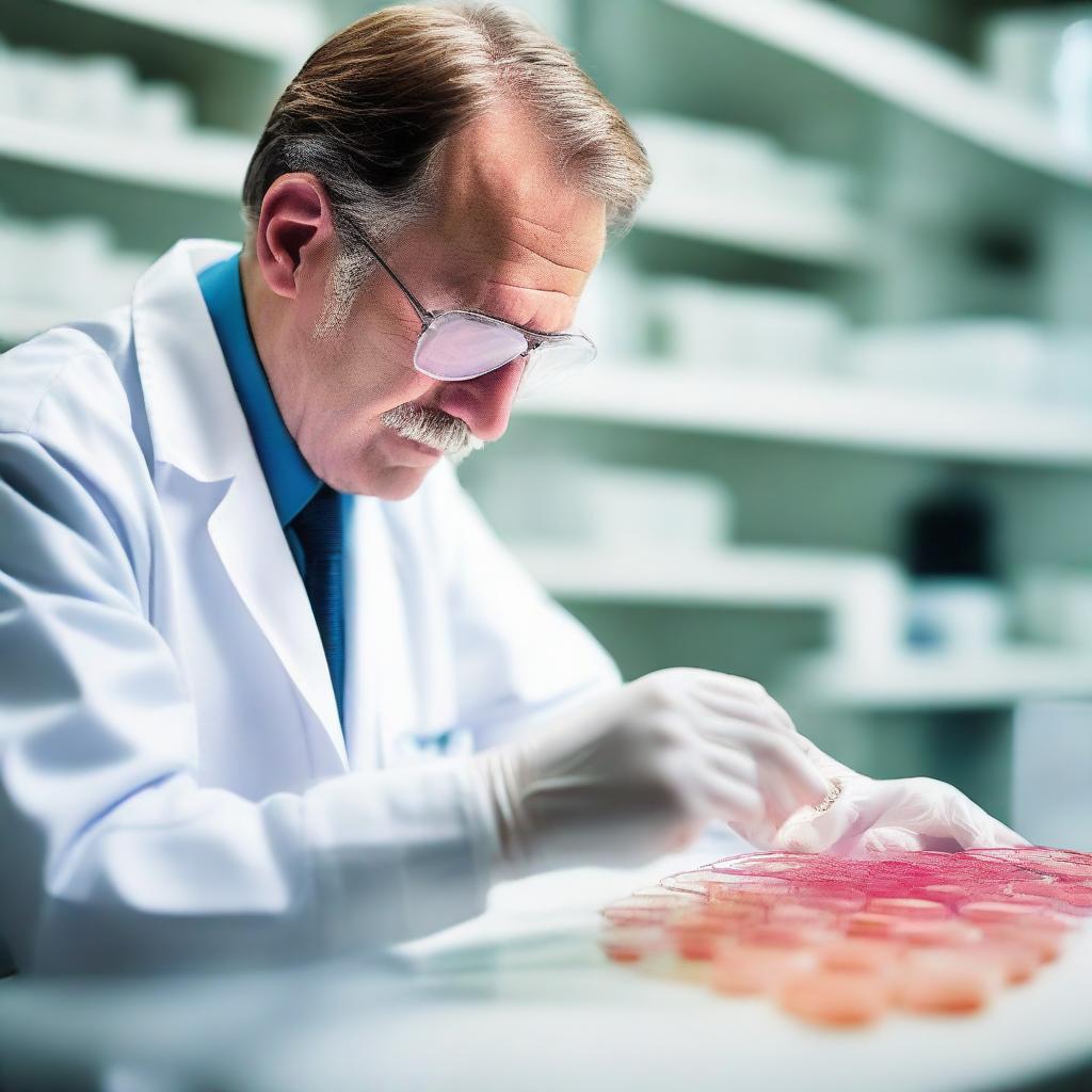 A scientist in a lab coat, in a well equipped laboratory, carefully holding a petri dish that contains vibrant crystal-like structures symbolizing penicillin.