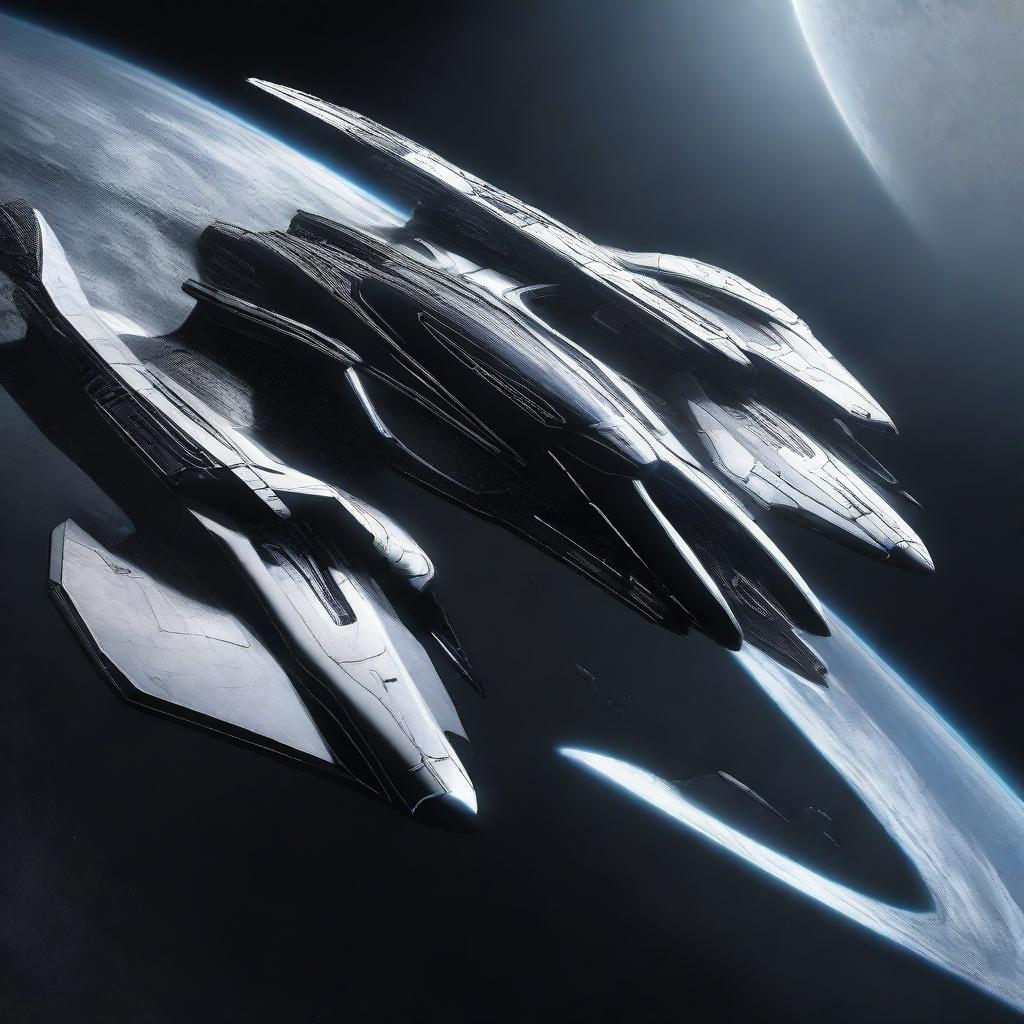 Realistically-designed futuristic spaceships, featuring advanced technology and sleek architectural design, launching into the pitch-black infinite expanse of space.