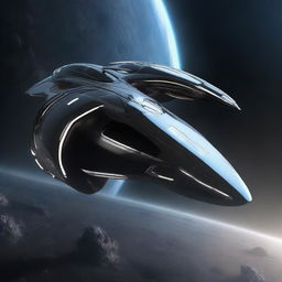 Realistically-designed futuristic spaceships, featuring advanced technology and sleek architectural design, launching into the pitch-black infinite expanse of space.