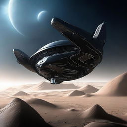 Realistically-designed futuristic spaceships, featuring advanced technology and sleek architectural design, launching into the pitch-black infinite expanse of space.