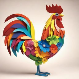 A rooster beautifully crafted from vibrant, assorted flowers