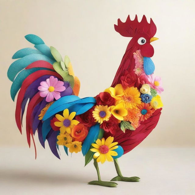 A rooster beautifully crafted from vibrant, assorted flowers