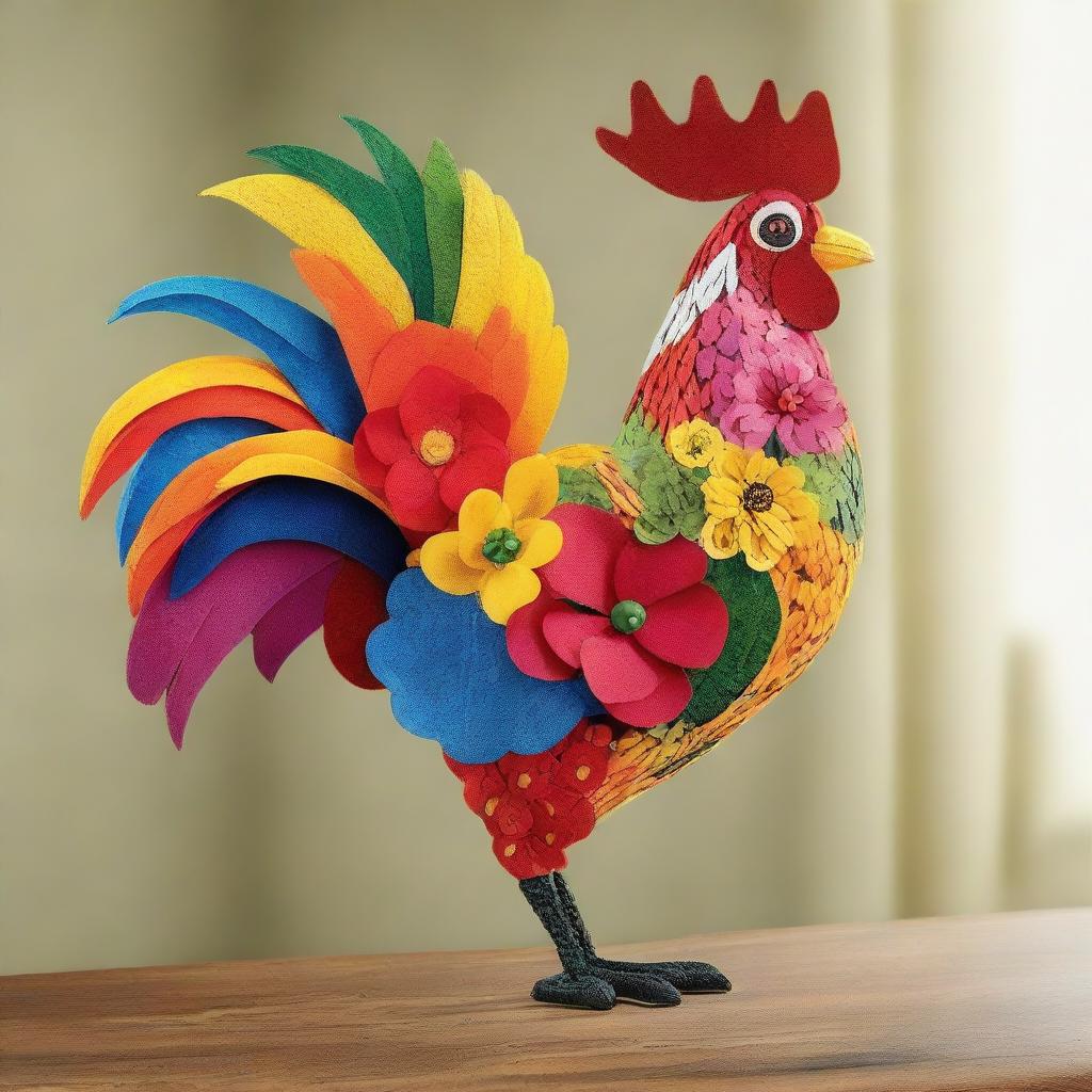 A rooster beautifully crafted from vibrant, assorted flowers