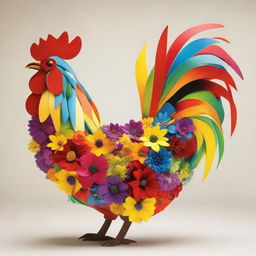 A rooster beautifully crafted from vibrant, assorted flowers