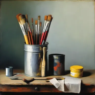 The artist used a canister to store their paintbrushes and it became an integral part of their still life painting.