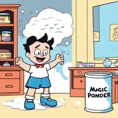 In the cartoon, the character opened a canister labeled 'magic powder' and a cloud of funny dust engulfed the room.
