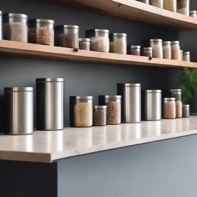 The kitchen had a sleek and modern look with steel canisters neatly arranged on the countertop, holding different types of dry foods.