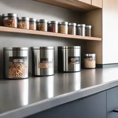 The kitchen had a sleek and modern look with steel canisters neatly arranged on the countertop, holding different types of dry foods.