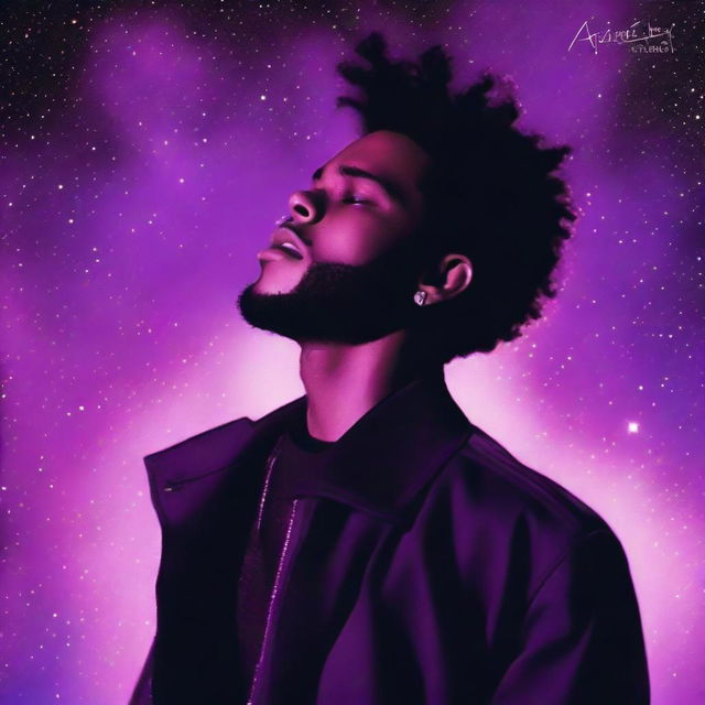 A young Abel Tesfaye (The Weeknd), spotlighted in purple light, with the cosmos as a backdrop. The image serves as a dramatic album cover.