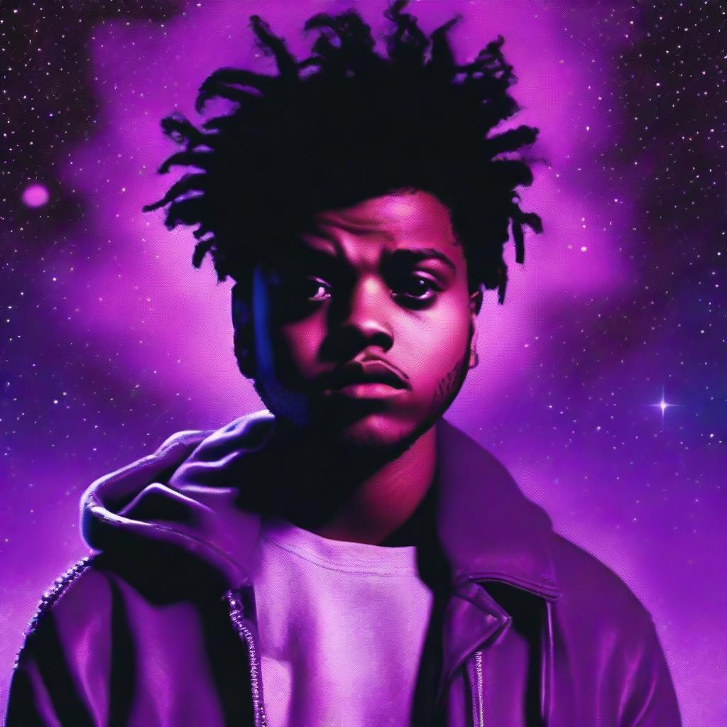 A young Abel Tesfaye (The Weeknd), spotlighted in purple light, with the cosmos as a backdrop. The image serves as a dramatic album cover.