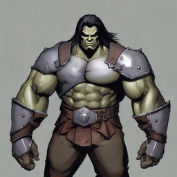 A muscular half-orc with medium-length black hair, grey skin, wearing a leather armor