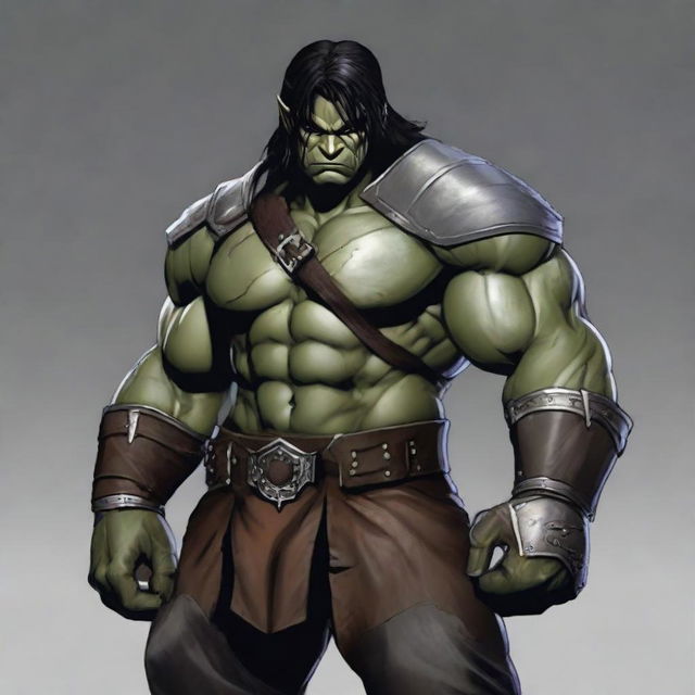 A muscular half-orc with medium-length black hair, grey skin, wearing a leather armor